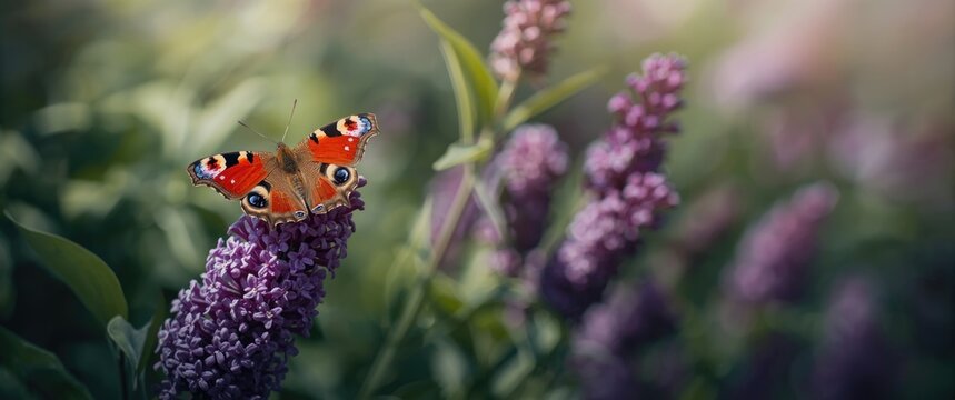 Aglais Io European Peacock butterfly resting on a Summer Lilac (Buddleja davidii) in The Biesbosch, Dordrecht, South-Holland