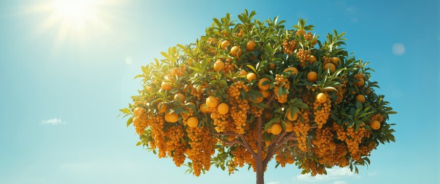 Ripe grapefruits on a grapefruit tree with a blue sky background