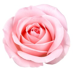 Softly lit, pink rose blossom. Delicate petals swirl gracefully around the bud. White background isolates the floral beauty