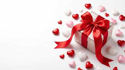 Gift box with red ribbon surrounded by hearts for Valentine's Day, with copy space