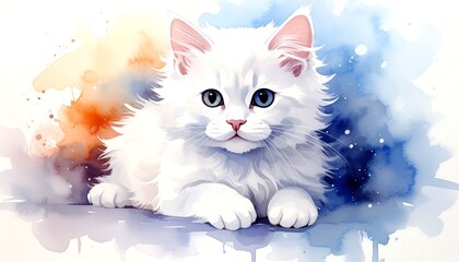A fluffy, white feline, with captivating blue eyes, is rendered in watercolor style against a vibrant, abstract background