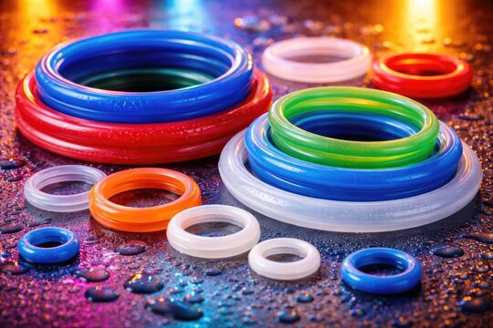 Silicone gasket rings under bright and colorful light demonstrating sealing solutions and material features to prevent leaks in seams and joints
