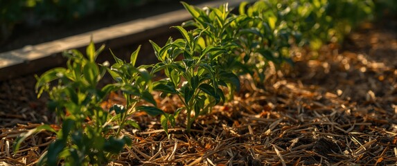Growing green pepper plants in a garden bed with straw mulch