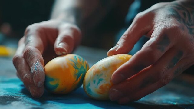 A tattooed hand carefully paints an intricate design on a vibrant eggshell for the upcoming holiday celebration.