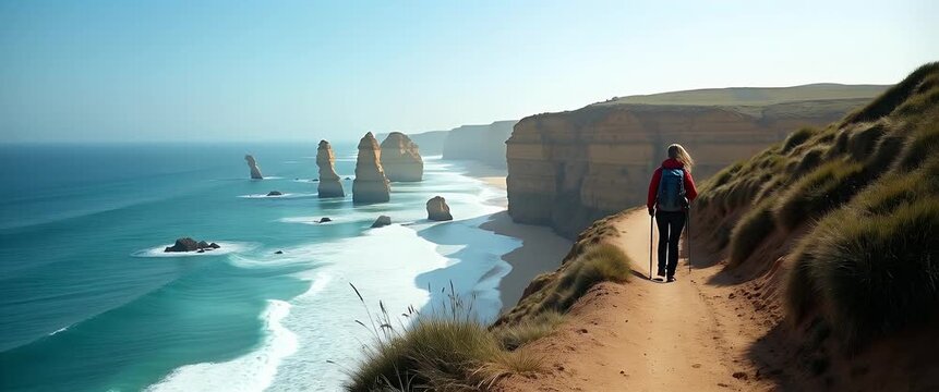 Hiker traverses scenic coastal cliffside trail, ocean waves gently crashing below; camera follows in steady tracking motion, capturing breathtaking landscape in cinematic style.
