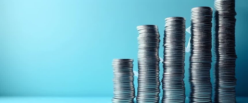 Stacks of coins rise as a golden upward arrow ascends, symbolizing financial growth; the camera slowly pans, capturing this dynamic economic progress in a sleek, cinematic style.