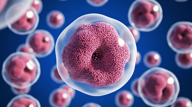 Macro microscopic view of multiple biological spherical cell unit cluster featuring granular pink cytoplasm nucleus and translucent outer membrane surface high resolution medical visualization