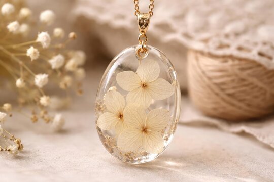 Delicate dried hydrangea embedded pendant made with eco safe resin gift for her