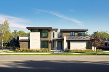 Modern architectural home exterior with clean geometry and landscape