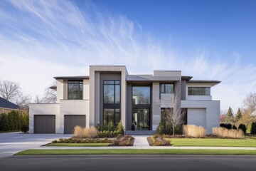 Modern residential architecture with flat roof and natural materials