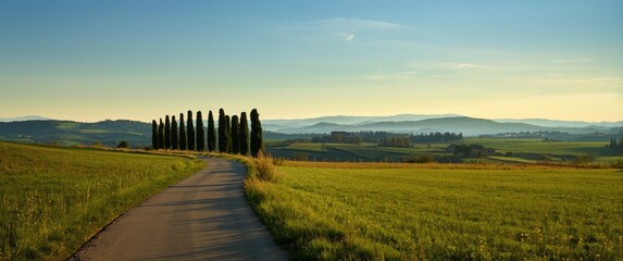 Obraz premium Scenic view of Monteroni d'Arbia on the via francigena path featuring a winding road, fields, and trees, Siena in the distance, Tuscany, Italy, Europe