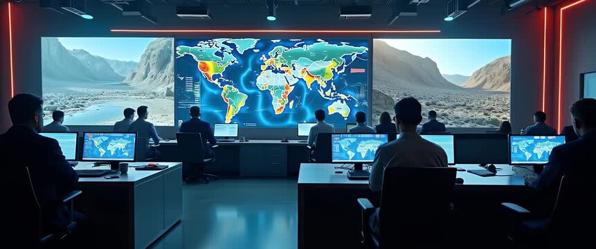 In a high-tech command center, analysts engage in strategic planning as digital maps animate on screens; the camera executes a smooth tracking shot, enhancing a cinematic, futuristic ambiance.