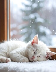 A fluffy, white kitten sleeps soundly on a snowy windowsill, with a blurred, snow-covered pine tree visible outside. The scene evokes peace
