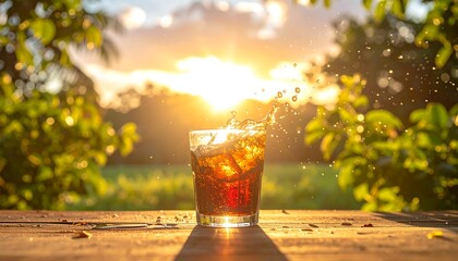 Cold drink on outdoor wooden table.