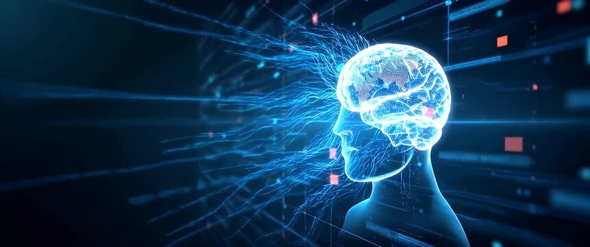 Digital brain evolves amid glowing data streams, with a slow camera pan revealing the dynamic network, creating a futuristic, cinematic exploration of artificial intelligence and innovation.