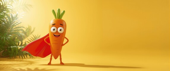 Fototapeta premium Cartoon-style 2D illustration of a carrot superhero with character and mascot features