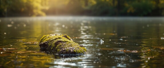 Detailed view of mossy log in pond illuminated by sunlight, with blurry water and autumn leaves in a natural park setting