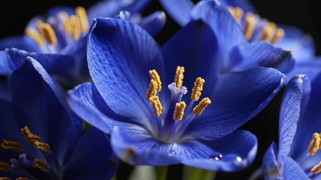 Elegant macro photography of blooming blue blossoms featuring intricate golden stamen details set against a moody dark background, evoking a sense of calm serenity and botanical luxury.