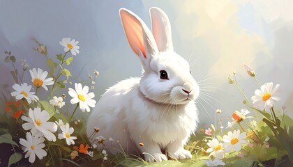 A fluffy white mammal sits among daisies. Its long ears are illuminated by sunlight, with soft grassy terrain in the foreground