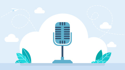 Vintage Microphone on White Background. Retro Microphone icon. Podcast icon. Voice Record. Recording Studio Symbol. Microphone logo template for many purposes. Vector illustration