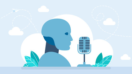 Humanoid robot singing with microphone. Voice assistant. Fight podcast. Retro Microphone icon. Podcast icon. Voice Record. Recording Studio Symbol. Artificial intelligence. Vector illustration