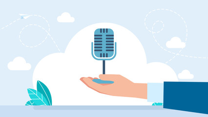 Hand holding microphone. Fight podcast. Retro Microphone icon. Podcast icon. Voice Record. Recording Studio Symbol. Microphone logo template for many purposes. Vector illustration