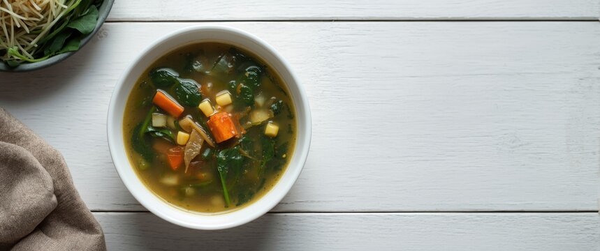 Indonesian Sayur Bening Bayam (Spinach Clear Soup) Made from Spinach, Carrot, and Corn, Presented in a White Bowl on Wooden Surface