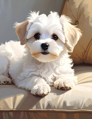 A fluffy, white puppy with light brown ears and paws sits comfortably on a soft, cushioned surface, looking directly at the viewer