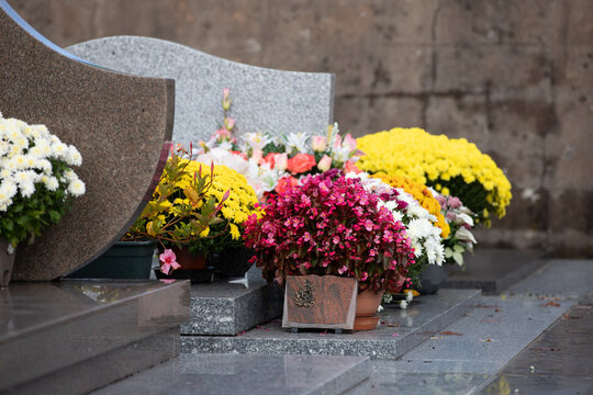 Gros bouquets de fleurs fraiches et multicolore d&eacute;pos&eacute;s sur les tombes dans cimeti&egrave;re &agrave; l'occasion de la Toussaint. France. Cela rend hommage au d&eacute;funt et t&eacute;moigne de l'attachement et du respect.