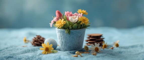 Close-up shot of felt flower pot resting on blue surface
