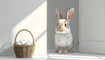 A fluffy white rabbit with brown accents sits in a doorway, beside a wicker basket filled with white eggs. Sunlight streams