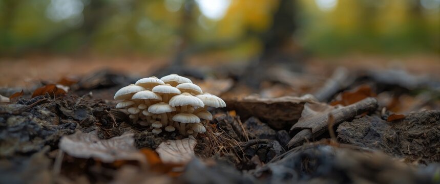 Detailed view of Physarum sp fungus growing on decayed wood, with focus on small fungi and blurred background
