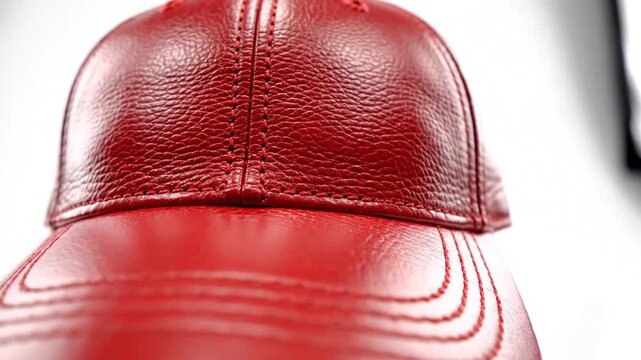 Detailed macro view of a polished crimson leather baseball cap with intricate needlework and glossy texture isolated on a pristine white studio backdrop for stylish headwear fashion