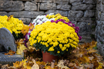 Gros bouquets de fleurs fraiches et multicolore déposés sur les tombes dans cimetière à...