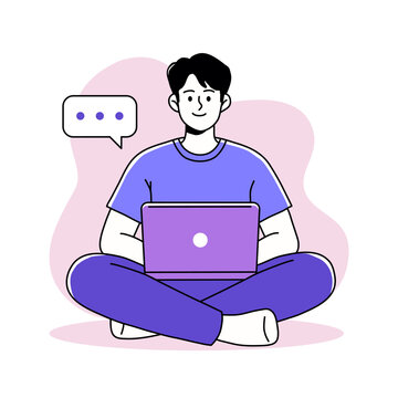 Vector Flat Illustration | Remote Work Illustration Young Man Using Laptop for Online Communication Freelance Job