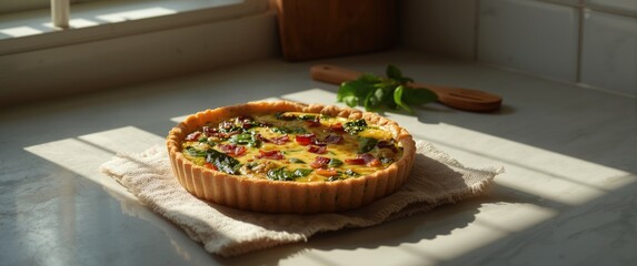Freshly baked spinach and bacon quiche resting on a kitchen towel by a sunny window
