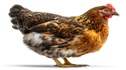 Beautiful Brown Hen Standing Profile on White Background.