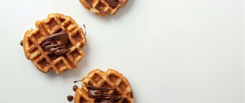 Three chocolate waffles viewed from above against a white backdrop