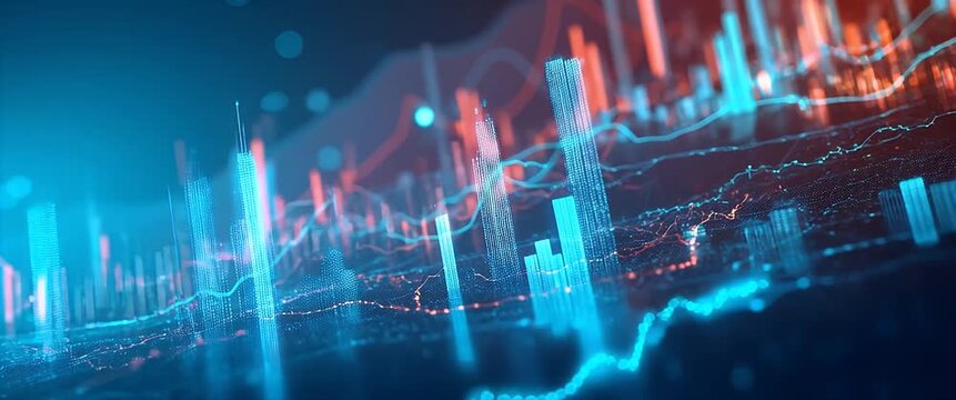 Dynamic data charts animate across a digital landscape, with the camera slowly panning to reveal fluctuating financial graphs, creating a cinematic and futuristic ambiance.