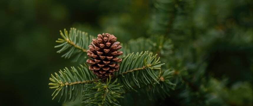 Close-up of ripe brown Himalayan cedar pine cone on green needles of Cedrus deodara