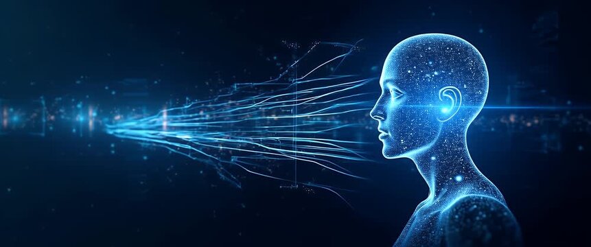 Futuristic AI avatar illuminated by digital glow moves gently while the camera slowly pans, capturing a dynamic flow of data lines in a cinematic, technology-focused scene.
