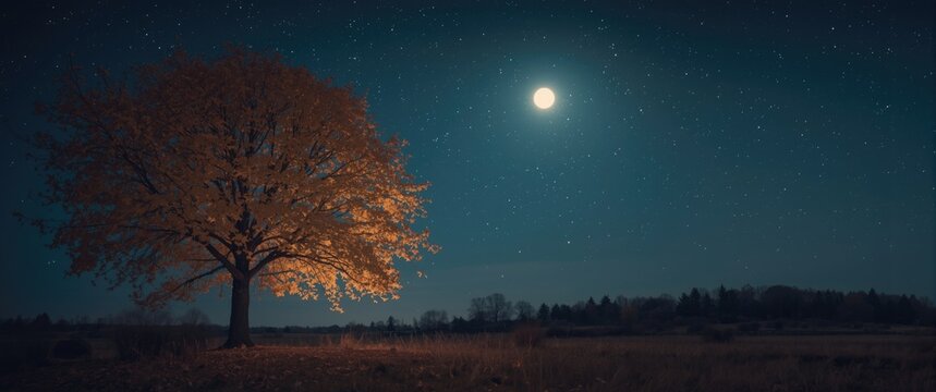 Beautiful fall dreamscape with a full moon, starry sky, and a maple tree in autumn