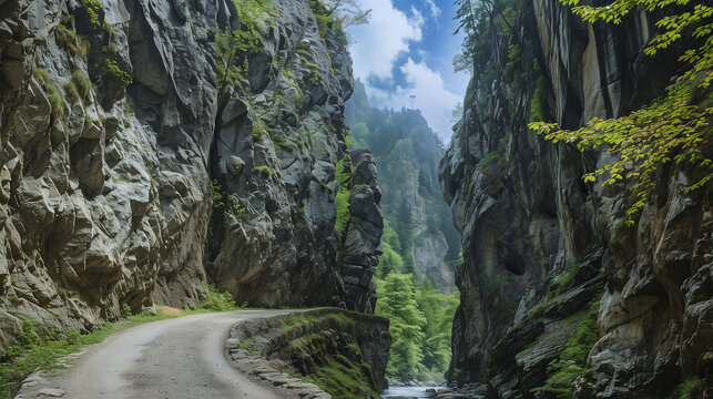 Bicaz gorge: curved road and vertical walls. Bicaz gorge in transylvania: cold spring, curved road and vertical rocky walls