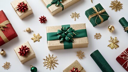 Fototapeta premium Gilded Holiday Gifts: Festive Wrapped Presents with Red, Green, and Gold Decor