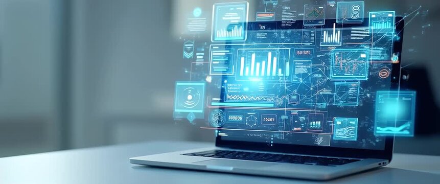 Innovative digital interface animations overlaying a laptop screen, with a cinematic slow pan capturing dynamic data visuals and ambient office lighting, ideal for technology presentations.
