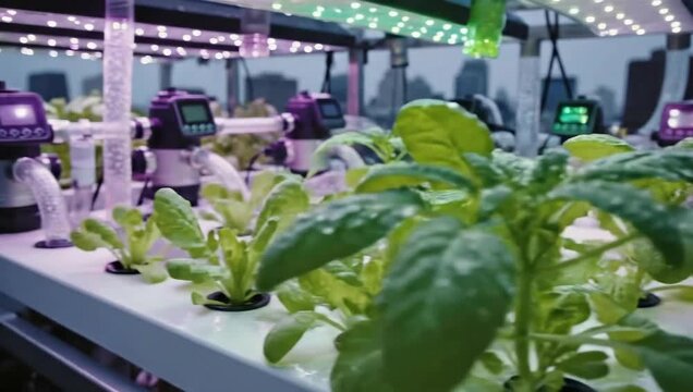 Urban Oasis: Hydroponic Farm Cultivating Green in the City: A modern hydroponic farm thrives indoors, showcasing rows of vibrant, thriving plants under the glow of specialized LED lighting.