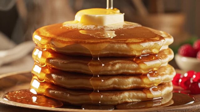 Detailed close up of a fluffy golden pancake stack on a rustic wood plate being drenched in rich maple syrup for a warm morning breakfast with artistic liquid motion.