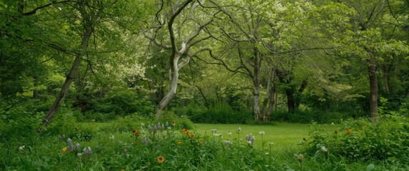 Within an isolated old forest, a lone white tree stands tall among green surroundings, its leafy branches swaying gently as a vibrant park forms the backdrop.