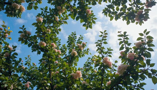 Vibrant pink flowers blooming on lush green tree branches against bright blue sky - Powered by Adobe