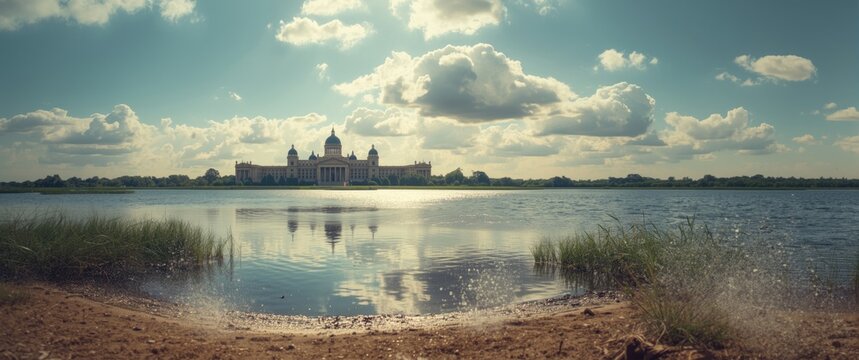 The impressive architecture of San Angelo State Park in Texas emerges from lush marshlands, with historical elements visible near a sparkling lake and cloudy sky